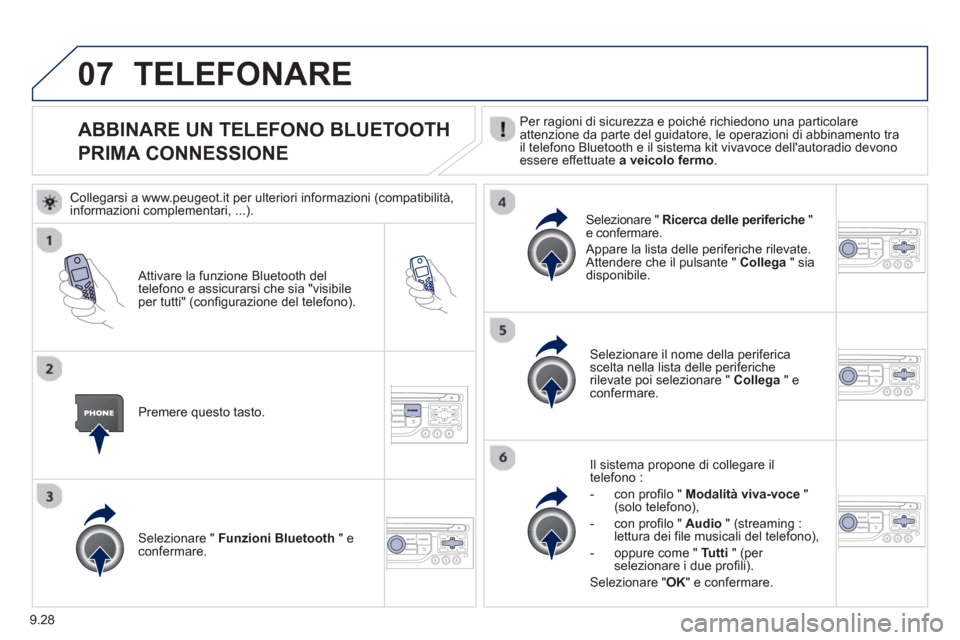 Peugeot Partner 2013  Manuale del proprietario (in Italian) 9.28
07
   
 
 
 
 
 
 
 
 
 
 
ABBINARE UN TELEFONO BLUETOOTH
PRIMA CONNESSIONE   Per ragioni di sicurezza e poiché richiedono una particolare
attenzione da parte del guidatore, le operazioni di abb