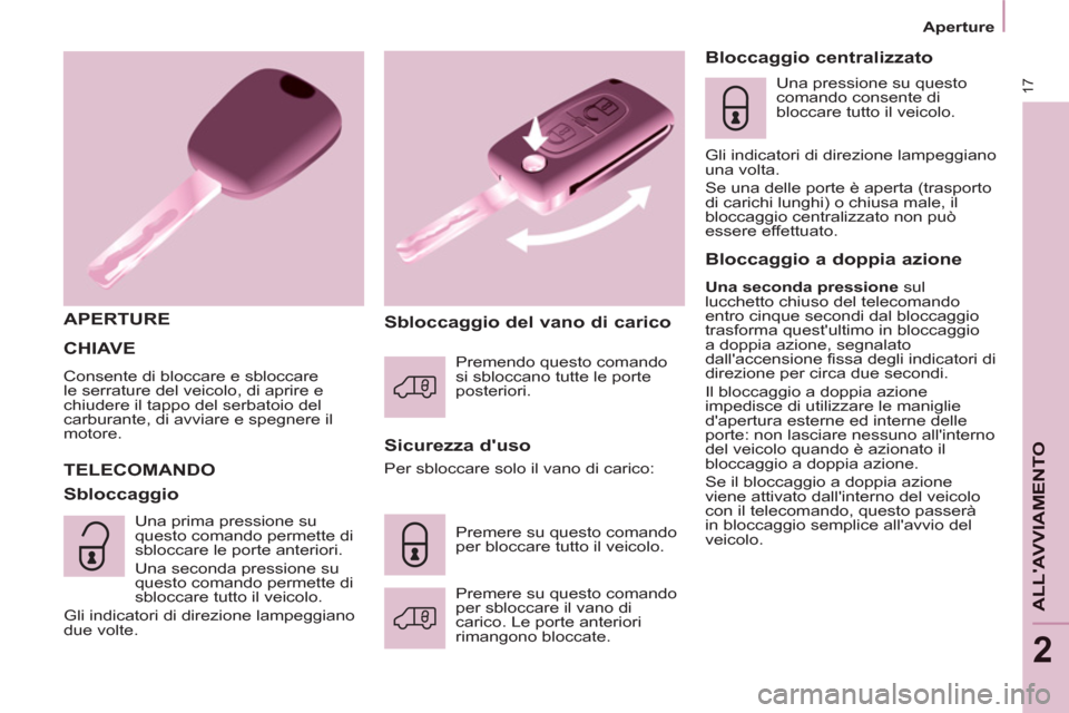 Peugeot Partner 2013  Manuale del proprietario (in Italian) 17
   
 
Aperture  
 
ALLAVVIAMENTO
2
 CHIAVE 
 
Consente di bloccare e sbloccare 
le serrature del veicolo, di aprire e 
chiudere il tappo del serbatoio del 
carburante, di avviare e spegnere il 
mo