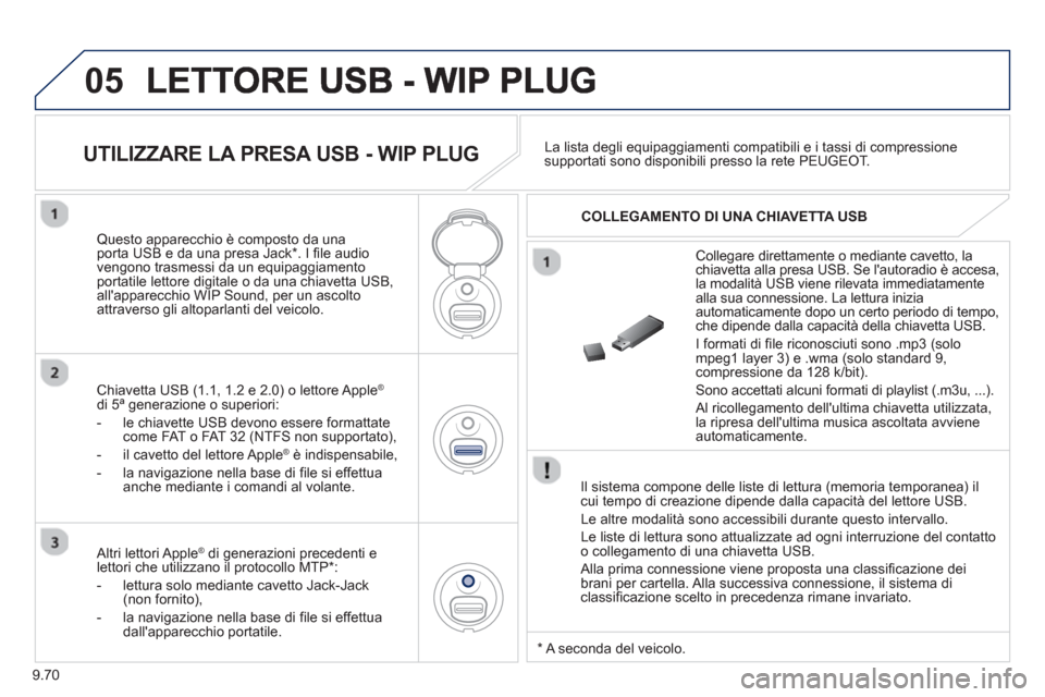 Peugeot Partner 2013 Manuale del proprietario (in Italian) 9.70
05
Il sistema compone delle liste di lettura (memoria temporanea) ilcui tempo di creazione dipende dalla capacità del lettore USB.
Le altre modalità sono accessibili durante questo inter Peugeot Partner 2013 Manuale del proprietario (in Italian) 9.70
05
Il sistema compone delle liste di lettura (memoria temporanea) ilcui tempo di creazione dipende dalla capacità del lettore USB.
Le altre modalità sono accessibili durante questo inter