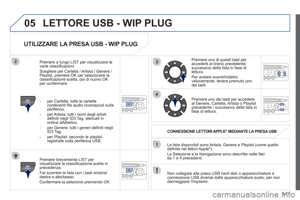 Peugeot Partner 2013 Manuale del proprietario (in Italian) 9.71
05
UTILIZZARE LA PRESA USB - WIP PLUG
Premere brevemente LIST per
visualizzare la classificazione scelta inprecedenza.
F
ar scorrere la lista con i tasti sinistra/destra e alto/basso.
Peugeot Partner 2013 Manuale del proprietario (in Italian) 9.71
05
UTILIZZARE LA PRESA USB - WIP PLUG
Premere brevemente LIST per
visualizzare la classificazione scelta inprecedenza.
F
ar scorrere la lista con i tasti sinistra/destra e alto/basso.