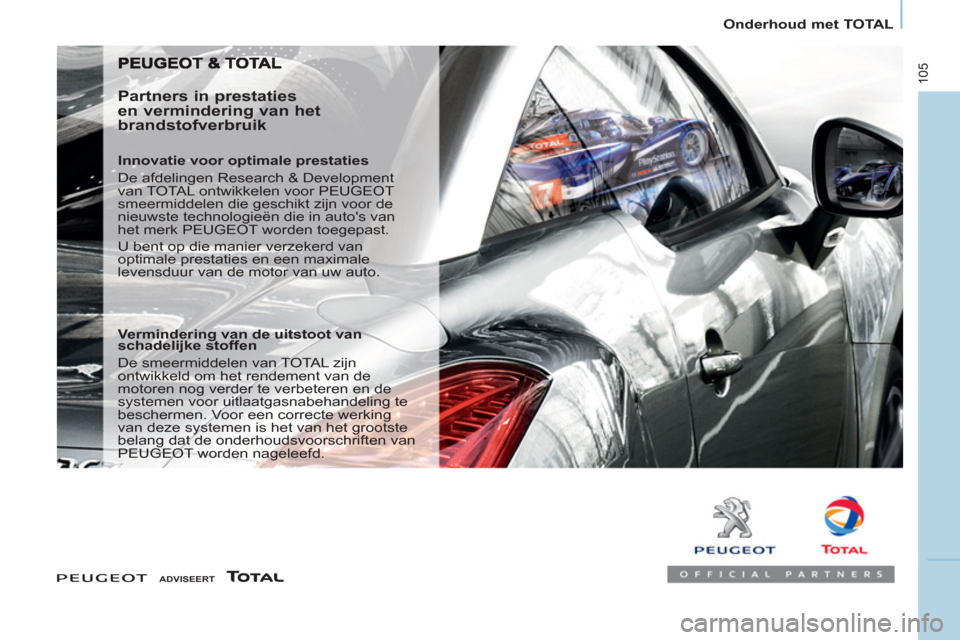 Peugeot Partner 2013 Handleiding (in Dutch)
Onderhoud met TOTAL
105
ADVISEERT
Partners in prestaties
en vermindering van het
brandstofverbruik
Innovatie voor optimale prestaties
De afdelingen Research & Devel Peugeot Partner 2013 Handleiding (in Dutch)
Onderhoud met TOTAL
105
ADVISEERT
Partners in prestaties
en vermindering van het
brandstofverbruik
Innovatie voor optimale prestaties
De afdelingen Research & Devel