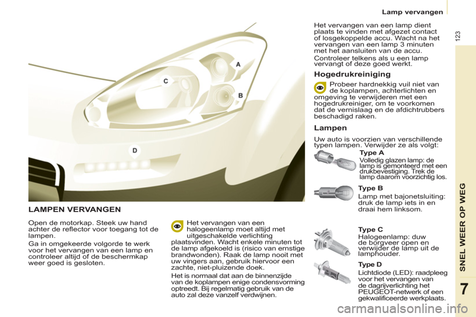 Peugeot Partner 2013 Handleiding (in Dutch)
Lamp vervangen
123
SNEL WEER OP WE
G
7
LAMPEN VERVANGEN
Type B
Lamp met bajonetsluiting:
druk de lamp iets in en
draai hem linksom.
Type A
Volledig glazen lamp: de Peugeot Partner 2013 Handleiding (in Dutch)
Lamp vervangen
123
SNEL WEER OP WE
G
7
LAMPEN VERVANGEN
Type B
Lamp met bajonetsluiting:
druk de lamp iets in en
draai hem linksom.
Type A
Volledig glazen lamp: de