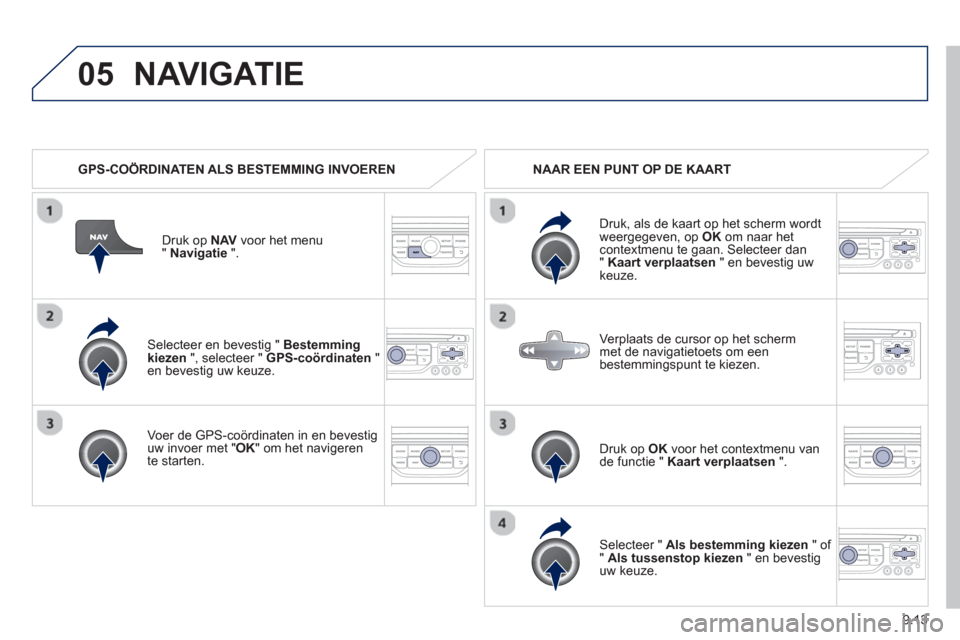 Peugeot Partner 2013  Handleiding (in Dutch) 9.13
05
   Selecteer en bevestig " Bestemming kiezen", selecteer " GPS-coördinaten 
 "en bevestig uw keuze.  
   
Voer de 
GPS-coördinaten in en bevestiguw invoer met " OK" om het navigeren 
te star