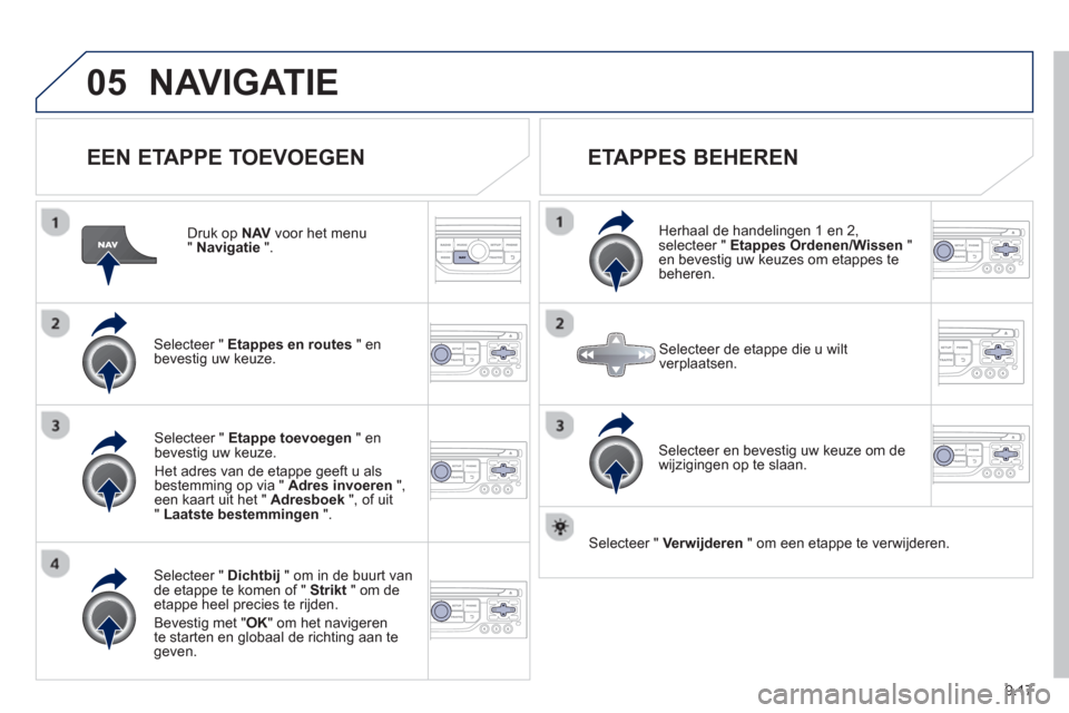 Peugeot Partner 2013  Handleiding (in Dutch) 9.17
05NAVIGATIE
   
EEN ETAPPE TOEVOEGEN
 
 
Druk op  NAV 
 voor het menu "Navigatie".
Selecteer " Etappes en routes 
 " en
bevestig uw keuze.  
Selecteer " Dichtbij 
 " om in de buurt van
de etappe 