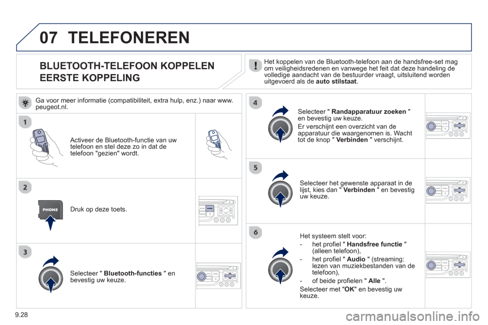 Peugeot Partner 2013  Handleiding (in Dutch) 9.28
07
   
 
 
 
 
 
 
 
 
 
 
BLUETOOTH-TELEFOON KOPPELEN  
EERSTE KOPPELING  Het koppelen van de Bluetooth-telefoon aan de handsfree-set magom veiligheidsredenen en vanwege het feit dat deze handel