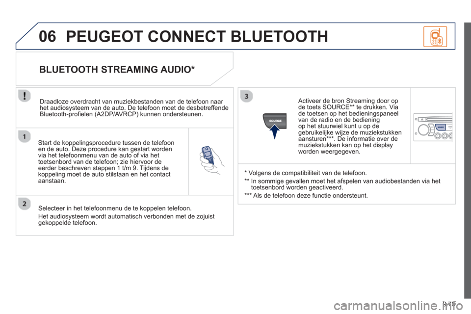 Peugeot Partner 2013  Handleiding (in Dutch) 9.75
06
   
Start de koppelingsprocedure tussen de telefoonen de auto. Deze procedure kan gestart worden
via het telefoonmenu van de auto of via het 
toetsenbord van de telefoon; zie hiervoor deeerder