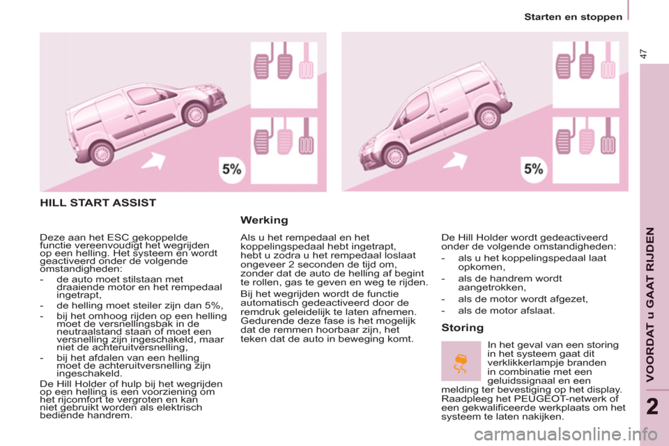 Peugeot Partner 2013 Handleiding (in Dutch) Starten en stoppen
47
VOORDAT u GAAT RIJDE
N
HILL START ASSIST
Werking
Als u het rempedaal en het
koppelingspedaal hebt ingetrapt,
hebt u zodra u het rempedaal loslaat
ongeveer 2 seconden Peugeot Partner 2013 Handleiding (in Dutch) Starten en stoppen
47
VOORDAT u GAAT RIJDE
N
HILL START ASSIST
Werking
Als u het rempedaal en het
koppelingspedaal hebt ingetrapt,
hebt u zodra u het rempedaal loslaat
ongeveer 2 seconden