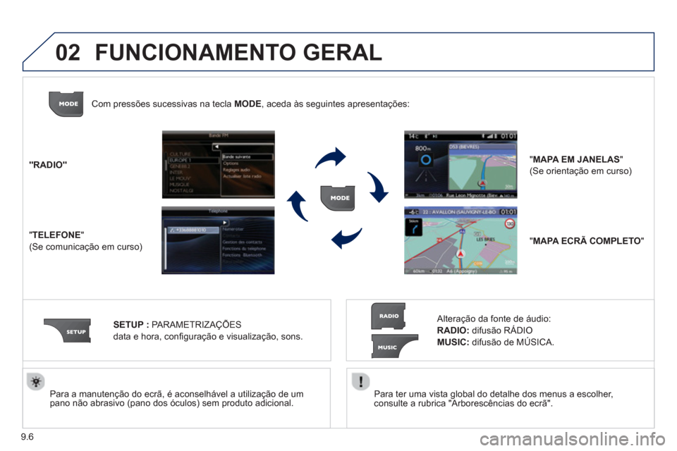 Peugeot Partner 2013 Manual do proprietário (in Portuguese) 9.6
02
Para ter uma vista global do detalhe dos menus a escolher,consulte a rubrica "Arborescências do ecrã".
Para a manutenção do ecrã, é aconselhável a utilização de um pano não Peugeot Partner 2013 Manual do proprietário (in Portuguese) 9.6
02
Para ter uma vista global do detalhe dos menus a escolher,consulte a rubrica "Arborescências do ecrã".
Para a manutenção do ecrã, é aconselhável a utilização de um pano não