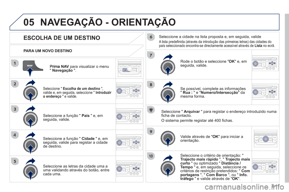 Peugeot Partner 2013 Manual do proprietário (in Portuguese) 9.11
05
NAVpara visualizar o menu"Navegação".
PARA UM NOVO DESTINO
NAVEGAÇÃO - ORIENTAÇÃO
ESCOLHA DE UM DESTINO
Seleccione " Escolha de um destino",
valide e, em seguida, seleccione " Peugeot Partner 2013 Manual do proprietário (in Portuguese) 9.11
05
NAVpara visualizar o menu"Navegação".
PARA UM NOVO DESTINO
NAVEGAÇÃO - ORIENTAÇÃO
ESCOLHA DE UM DESTINO
Seleccione " Escolha de um destino",
valide e, em seguida, seleccione "
