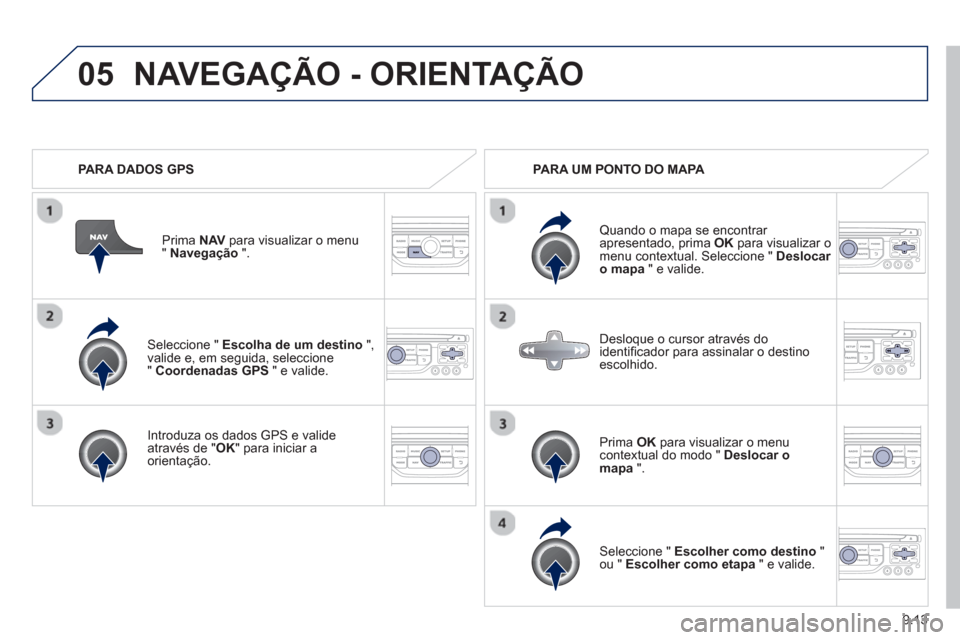 Peugeot Partner 2013 Manual do proprietário (in Portuguese) 9.13
05
Seleccione " Escolha de um destino
",
valide e, em seguida, seleccione" Coordenadas GPS" e valide.
Intr
oduza os dados GPS e valide através de "OK" para iniciar a
orientação.Pri Peugeot Partner 2013 Manual do proprietário (in Portuguese) 9.13
05
Seleccione " Escolha de um destino
",
valide e, em seguida, seleccione" Coordenadas GPS" e valide.
Intr
oduza os dados GPS e valide através de "OK" para iniciar a
orientação.Pri
