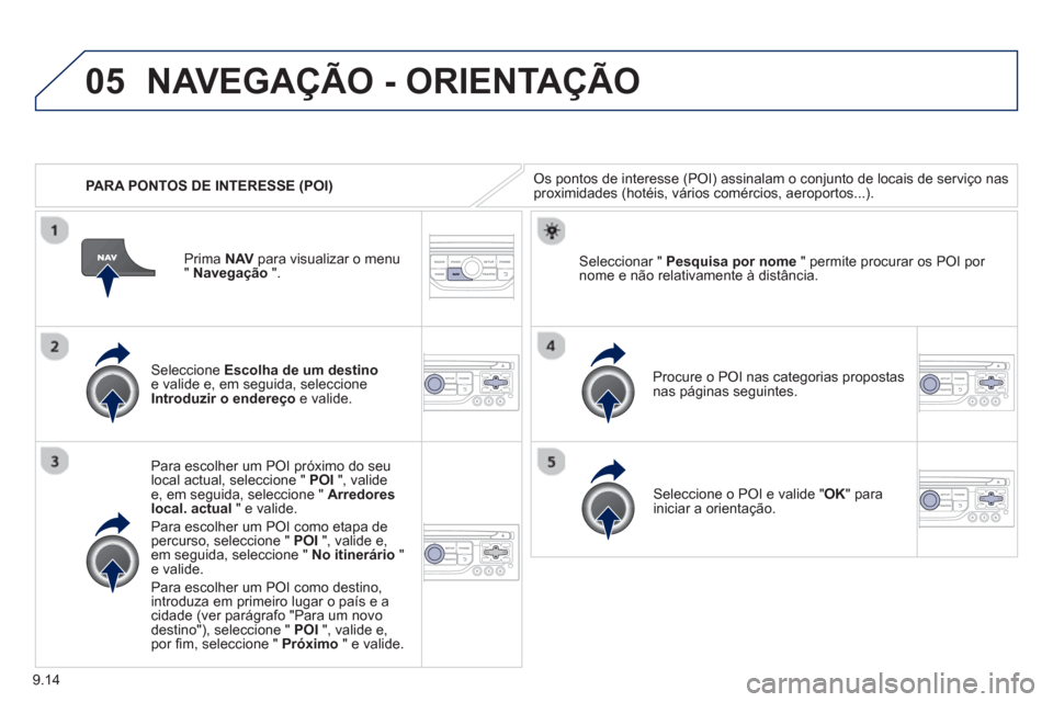 Peugeot Partner 2013 Manual do proprietário (in Portuguese) 9.14
05
PARA PONTOS DE INTERESSE (POI)
NAVEGAÇÃO - ORIENTAÇÃO
Os pontos de interesse (POI) assinalam o conjunto de locais de serviço nasproximidades (hotéis, vários comércios, aeroportos Peugeot Partner 2013 Manual do proprietário (in Portuguese) 9.14
05
PARA PONTOS DE INTERESSE (POI)
NAVEGAÇÃO - ORIENTAÇÃO
Os pontos de interesse (POI) assinalam o conjunto de locais de serviço nasproximidades (hotéis, vários comércios, aeroportos