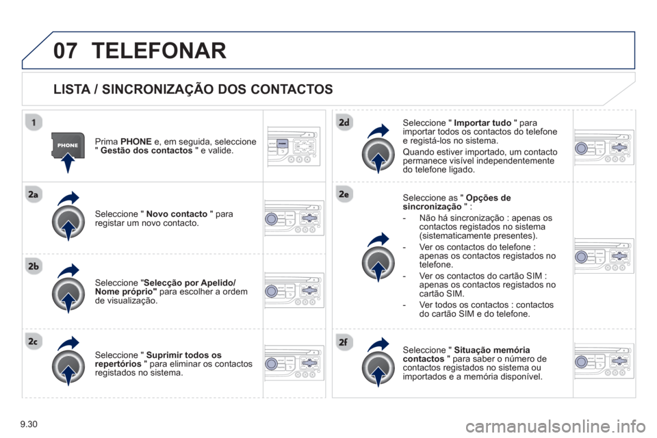 Peugeot Partner 2013 Manual do proprietário (in Portuguese) 9.30
07TELEFONAR
LISTA / SINCRONIZAÇÃO DOS CONTACTOS
Prima PHONEe, em seguida, seleccione
" Gestão dos contactos" e valide.
Seleccione " Novo contacto" para
registar um novo contacto. Peugeot Partner 2013 Manual do proprietário (in Portuguese) 9.30
07TELEFONAR
LISTA / SINCRONIZAÇÃO DOS CONTACTOS
Prima PHONEe, em seguida, seleccione
" Gestão dos contactos" e valide.
Seleccione " Novo contacto" para
registar um novo contacto.