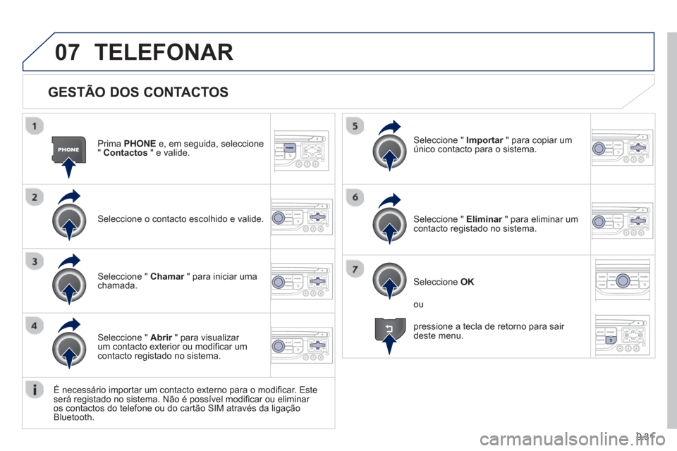 Peugeot Partner 2013  Manual do proprietário (in Portuguese) 9.31
07
   
GESTÃO DOS CONTACTOS 
Prima  PHONEe, em seguida, seleccione
" Contactos 
 " e valide.
Seleccione o contacto escolhido e valide.  
Seleccione "  Importar 
 " para copiar umrúnico contacto