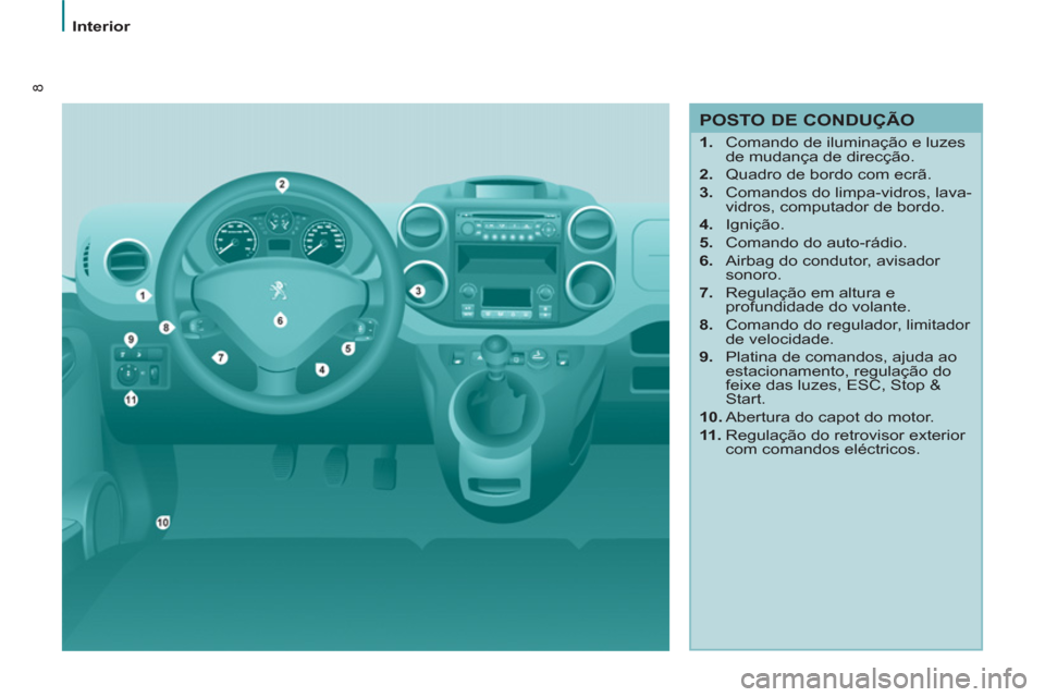 Peugeot Partner 2013  Manual do proprietário (in Portuguese) 8
Interior
   
POSTO DE CONDUÇÃO 
 
 
 
1. 
  Comando de iluminação e luzes 
de mudança de direcção. 
   
2. 
  Quadro de bordo com ecrã. 
   
3. 
  Comandos do limpa-vidros, lava-
vidros, com