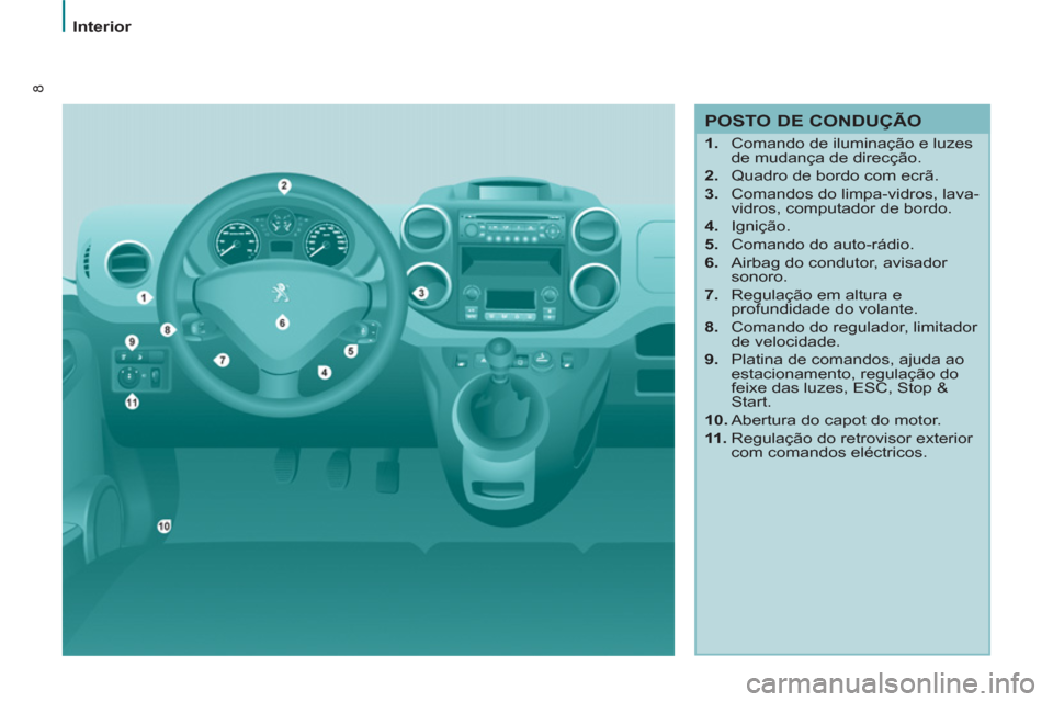 Peugeot Partner 2013 Manual do proprietário (in Portuguese) 8
Interior
POSTO DE CONDUÇÃO
1.
Comando de iluminação e luzes
de mudança de direcção.
2.
Quadro de bordo com ecrã.
3.
Comandos do limpa-vidros, lava-
vidros, com Peugeot Partner 2013 Manual do proprietário (in Portuguese) 8
Interior
POSTO DE CONDUÇÃO
1.
Comando de iluminação e luzes
de mudança de direcção.
2.
Quadro de bordo com ecrã.
3.
Comandos do limpa-vidros, lava-
vidros, com