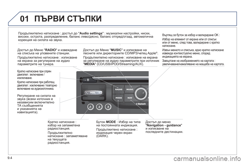 Peugeot Partner 2013  Ръководство за експлоатация (in Bulgarian) 9.4
01 
ПЪРВИ СТЪПКИ 
  Достъп до  меню
"  Navigation - guidance"и изписване напоследните дестинации . 
Кратко  натискане  при 