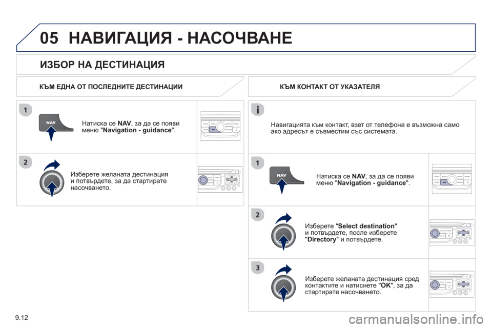 Peugeot Partner 2013 Ръководство за експлоатация (in Bulgarian) 9.12
05
ИЗБОР НА ДЕСТИНАЦИЯ
НАВИГАЦИЯ - НАСОЧВАНЕ
КЪМ ЕДНА ОТ ПОСЛЕДНИТЕ ДЕСТИНАЦИИ
Натиска се NAV, за да се п Peugeot Partner 2013 Ръководство за експлоатация (in Bulgarian) 9.12
05
ИЗБОР НА ДЕСТИНАЦИЯ
НАВИГАЦИЯ - НАСОЧВАНЕ
КЪМ ЕДНА ОТ ПОСЛЕДНИТЕ ДЕСТИНАЦИИ
Натиска се NAV, за да се п