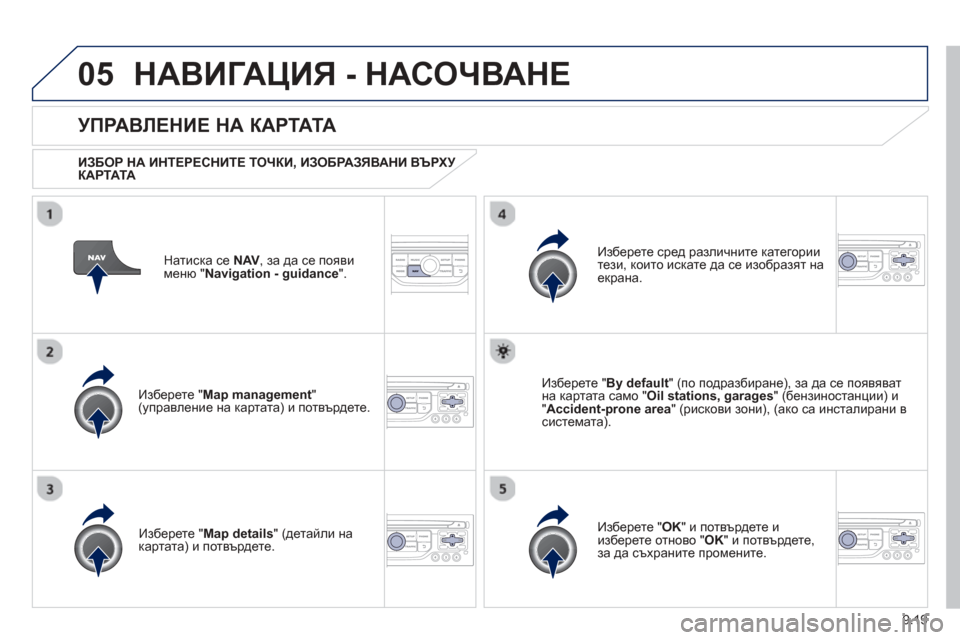 Peugeot Partner 2013  Ръководство за експлоатация (in Bulgarian) 9.19
05НАВИГАЦИЯ - НАСОЧВАНЕ
Натиска се  NAV, за да се появименю "Navigation - guidance".
  УПРАВЛЕНИЕ  НА К А РТАТА
  
ИЗБОР НА И