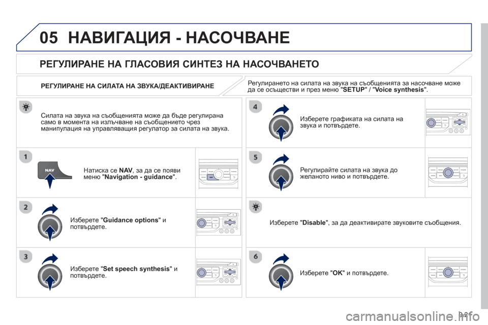 Peugeot Partner 2013  Ръководство за експлоатация (in Bulgarian) 9.21
05НАВИГАЦИЯ - НАСОЧВАНЕ
Натиска се  NAV, за да се появименю "Navigation - guidance".
РЕГУЛИРАНЕ  НА ГЛАСОВИЯ  СИНТЕЗ  НА НА