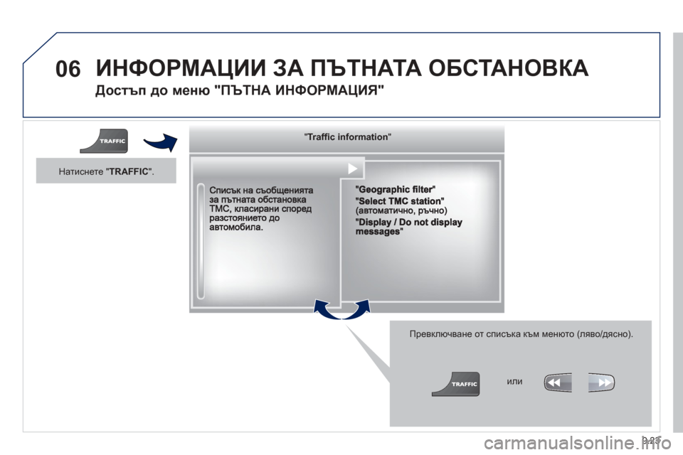 Peugeot Partner 2013  Ръководство за експлоатация (in Bulgarian) 9.23
06 
ИНФОРМАЦИИ ЗА  ПЪТНАТА ОБСТАНОВКА
  Достъп  до меню " ПЪТНА  ИНФОРМАЦИЯ"
  
Превключване  от списъка  към ме