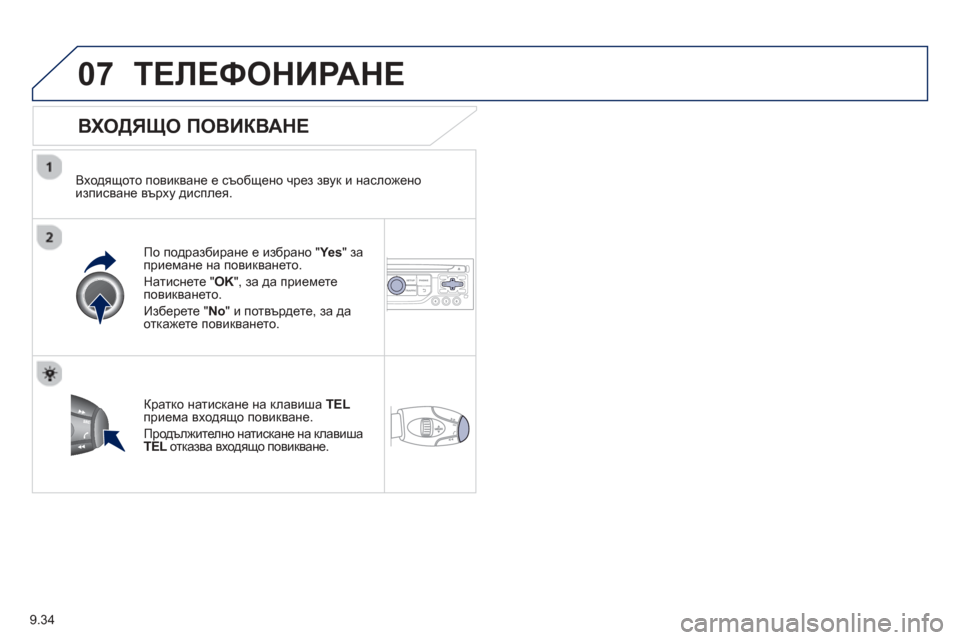 Peugeot Partner 2013 Ръководство за експлоатация (in Bulgarian) 9.34
07ТЕЛЕФОНИРАНЕ
ВХОДЯЩО ПОВИКВАНЕ
Входящото повикване е съобщено чрез звук и насложеноизписване върху Peugeot Partner 2013 Ръководство за експлоатация (in Bulgarian) 9.34
07ТЕЛЕФОНИРАНЕ
ВХОДЯЩО ПОВИКВАНЕ
Входящото повикване е съобщено чрез звук и насложеноизписване върху
