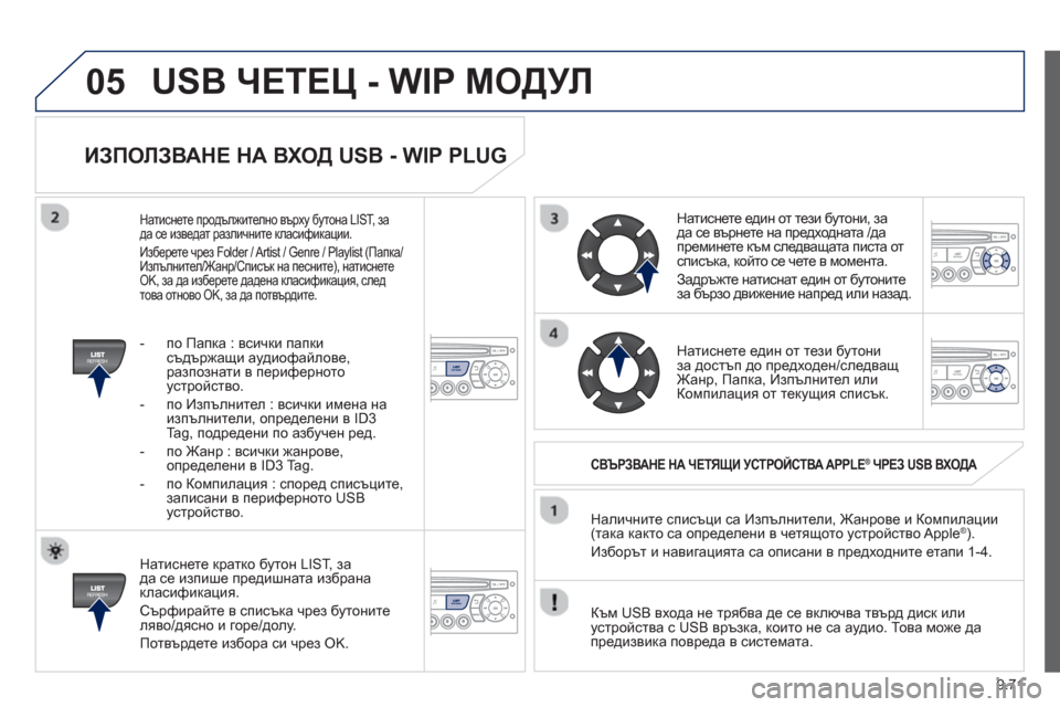 Peugeot Partner 2013 Ръководство за експлоатация (in Bulgarian) 9.71
05
ИЗПОЛЗВАНЕ НА ВХОД USB - WIP PLUG
Натиснете кратко бутон LIST, за
да се изпише предишната избрана
класификация Peugeot Partner 2013 Ръководство за експлоатация (in Bulgarian) 9.71
05
ИЗПОЛЗВАНЕ НА ВХОД USB - WIP PLUG
Натиснете кратко бутон LIST, за
да се изпише предишната избрана
класификация