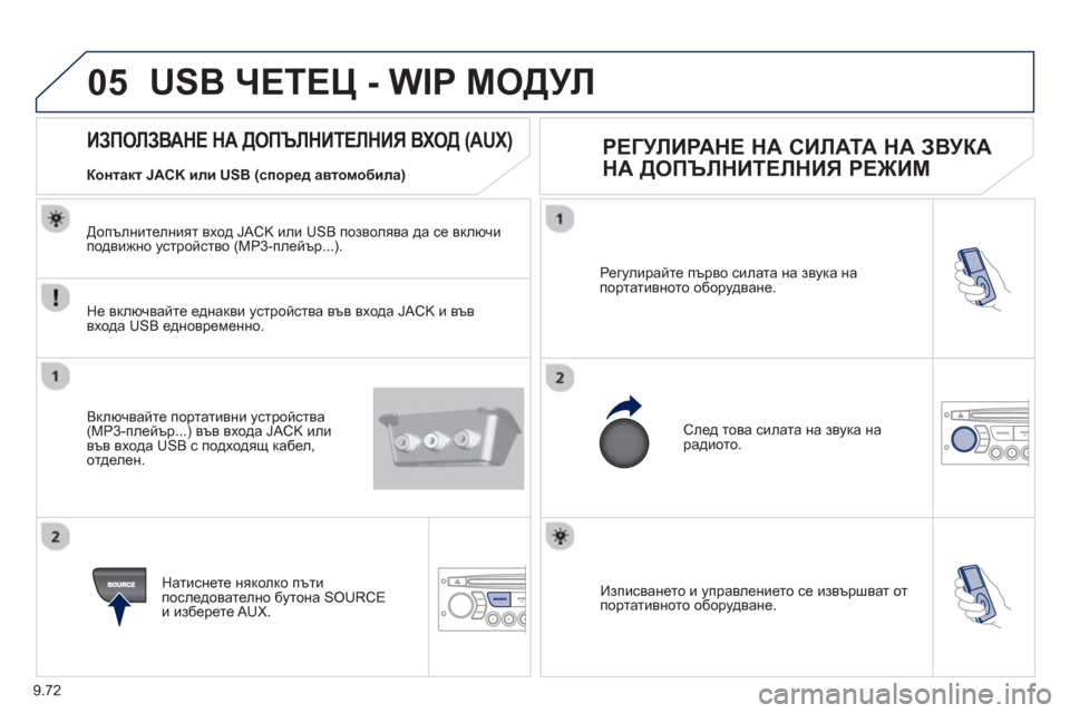 Peugeot Partner 2013 Ръководство за експлоатация (in Bulgarian) 9.72
05
Изписването и управлението се извършват от
портативното оборудване. Рег
улирайте първо силата на звук Peugeot Partner 2013 Ръководство за експлоатация (in Bulgarian) 9.72
05
Изписването и управлението се извършват от
портативното оборудване. Рег
улирайте първо силата на звук