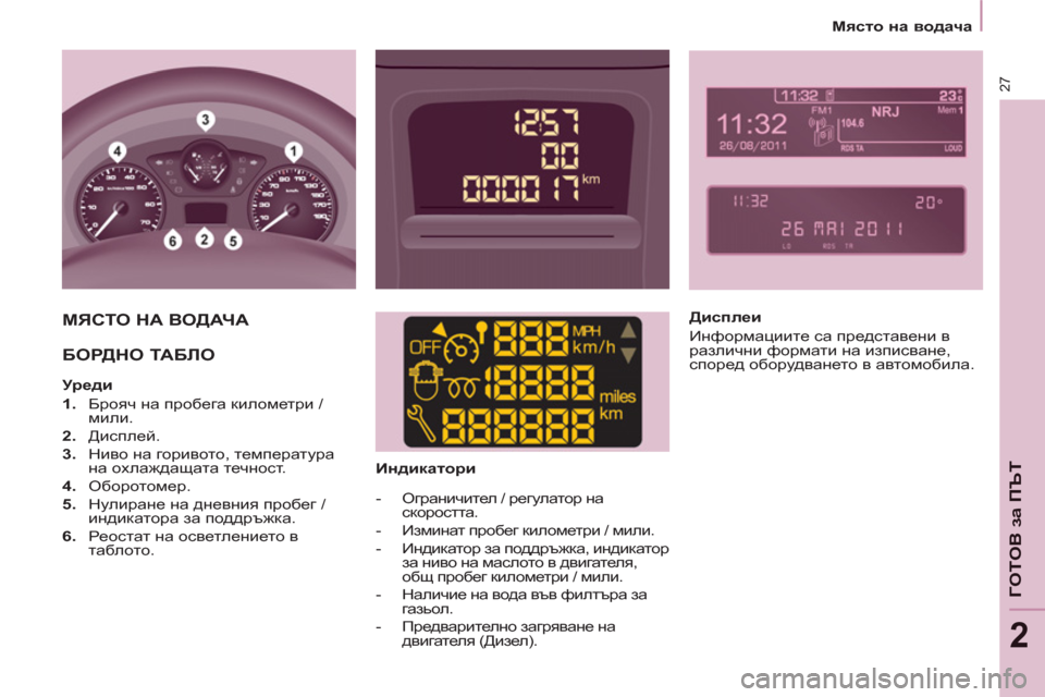 Peugeot Partner 2013  Ръководство за експлоатация (in Bulgarian) 2
   
 
Място на водача 
 
 
27
ГОТОВ за ПЪТ
 
МЯСТО НА ВОДАЧА
  БОРДНО ТА БЛ О 
 
 
 
 
Уреди 
   
 
1. 
 Брояч на пробега килом