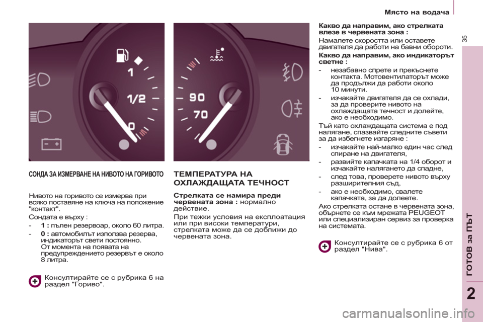 Peugeot Partner 2013  Ръководство за експлоатация (in Bulgarian) 2
   
 
Място на водача 
 
 
35
ГОТОВ за ПЪ
Т
 
СОНДА ЗА ИЗМЕРВАНЕ НА НИВОТО НА ГОРИВОТОТЕМПЕРАТУРА НА 
ОХЛАЖ
ДАЩАТА Т