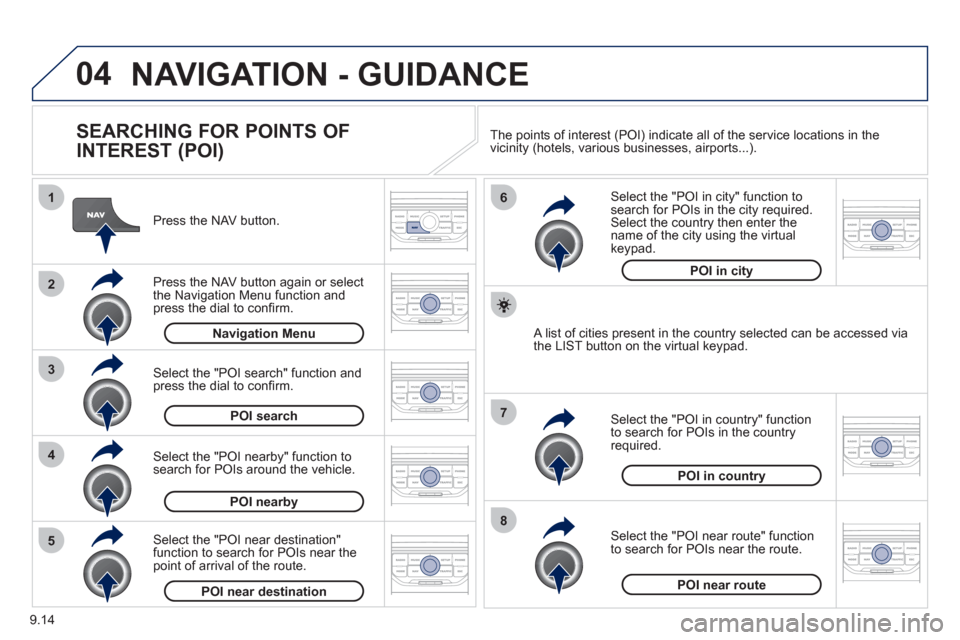 Peugeot Partner 2012 Owners Manual 04
8
6
7
4
3
5
2
1
9.14
NAVIGATION - GUIDANCE
SEARCHING FOR POINTS OF
INTEREST (POI)
Press the NAV button.
Press the NAV button again or select
the Navigation Menu function and press Peugeot Partner 2012 Owners Manual 04
8
6
7
4
3
5
2
1
9.14
NAVIGATION - GUIDANCE
SEARCHING FOR POINTS OF
INTEREST (POI)
Press the NAV button.
Press the NAV button again or select
the Navigation Menu function and press