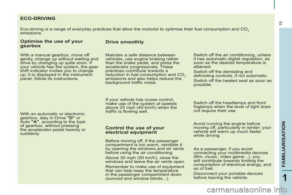 Peugeot Partner 2012 User Guide 15
1
FAMILIARISATION
ECO-DRIVING
  Eco-driving is a range of everyday practices that allow the motorist to optimise their fuel consumption and CO2 
emissions. 
   
Optimise the use of your 
gearbox 
 