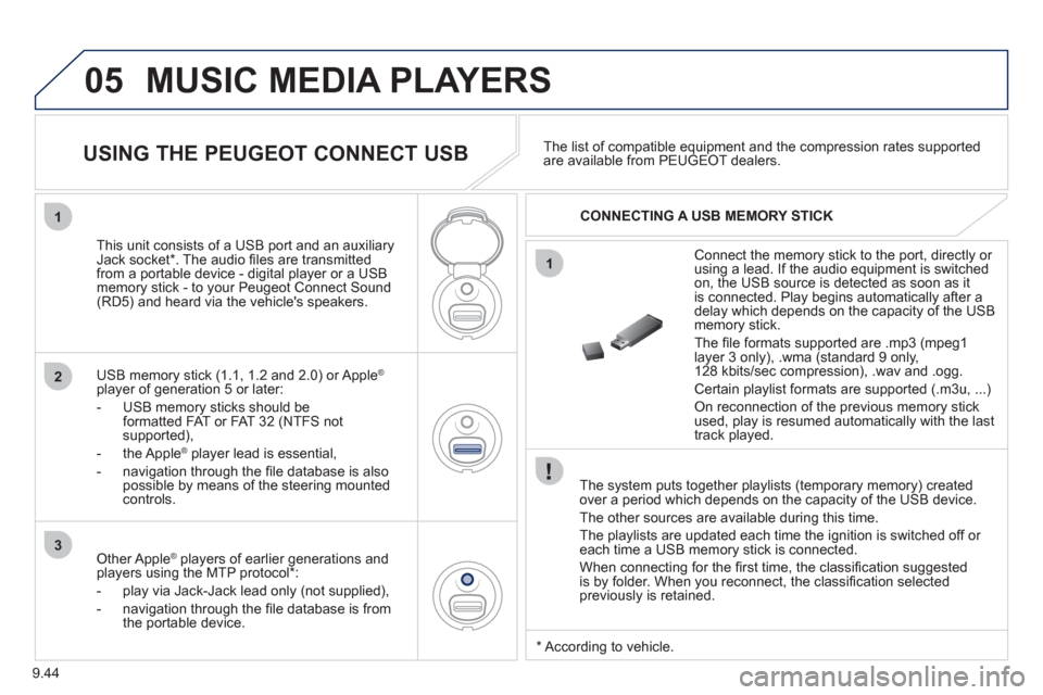 Peugeot Partner 2012  Owners Manual 05
1
1
2
3
9.44
  MUSIC MEDIA PLAYERS
 
 
The system puts together playlists (temporary memory) createdover a period which depends on the capacity of the USB device. 
  The other sources are available