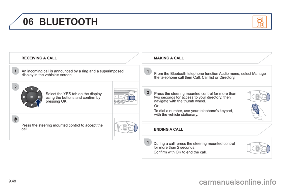 Peugeot Partner 2012  Owners Manual 06
2
1
2
1
OK
9.48
   
RECEIVING A CALL  
   
An incomin
g call is announced by a ring and a superimposed 
display in the vehicles screen.  
   
Select the YES tab on the display 
using the buttons a