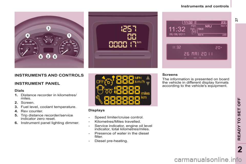 Peugeot Partner 2012  Owners Manual    
 
Instruments and controls  
 
READY TO SET OFF
22
 
INSTRUMENTS AND CONTROLS  
  INSTRUMENT PANEL  
 
 
 
Dials 
   
 
1. 
  Distance recorder in kilometres/
miles. 
   
2. 
 Screen. 
   
3. 
  F