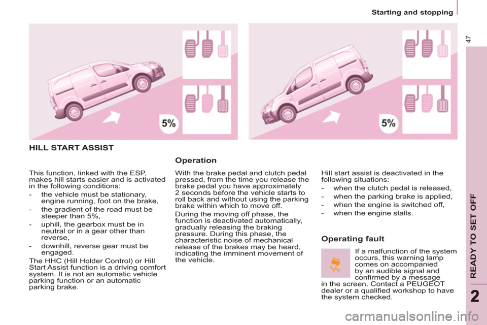 Peugeot Partner 2012  Owners Manual Starting and stopping
47
READY TO SET OFF
22
  HILL START ASSIST
   
Operation 
 
With the brake pedal and clutch pedal 
pressed, from the time you release the 
brake pedal you have approximately 
2 s