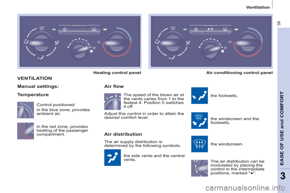 Peugeot Partner 2012  Owners Manual    
 
Ventilation  
 
59
EASE OF USE and COMFOR
T
33
 VENTILATION 
 
the side vents and the central 
vents, 
   
Air flow 
 
the footwells, 
  the windscreen and the 
footwells, 
  the windscreen. 
  