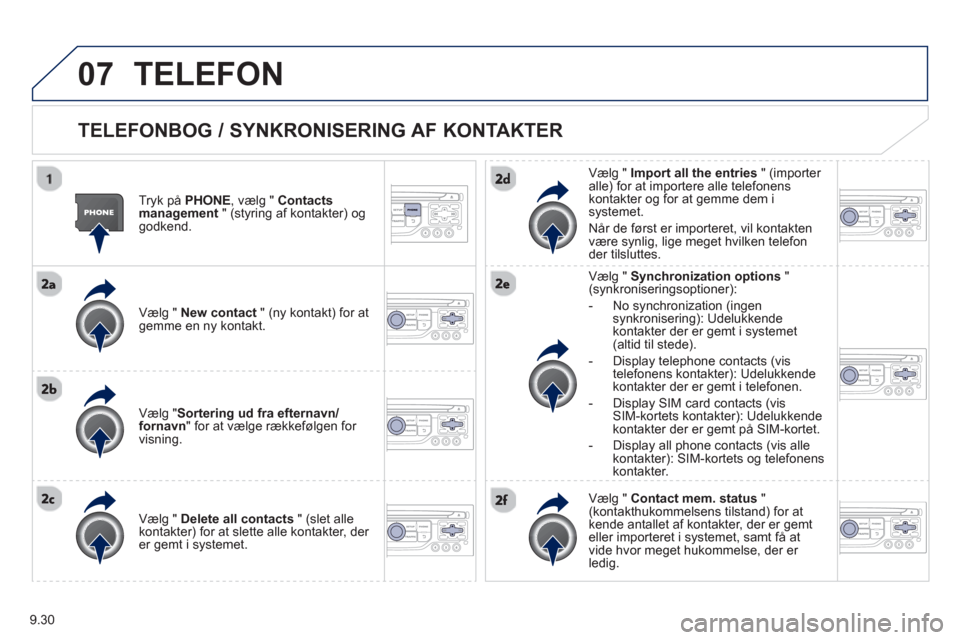 Peugeot Partner 2012 Instruktionsbog (in Danish) 9.30
07TELEFON
TELEFONBOG / SYNKRONISERING AF KONTAKTER
Tryk på PHONE, vælg " Contacts
management " (styring af kontakter) oggodkend.
Væl
g " New contact" (ny kontakt) for atge Peugeot Partner 2012 Instruktionsbog (in Danish) 9.30
07TELEFON
TELEFONBOG / SYNKRONISERING AF KONTAKTER
Tryk på PHONE, vælg " Contacts
management " (styring af kontakter) oggodkend.
Væl
g " New contact" (ny kontakt) for atge