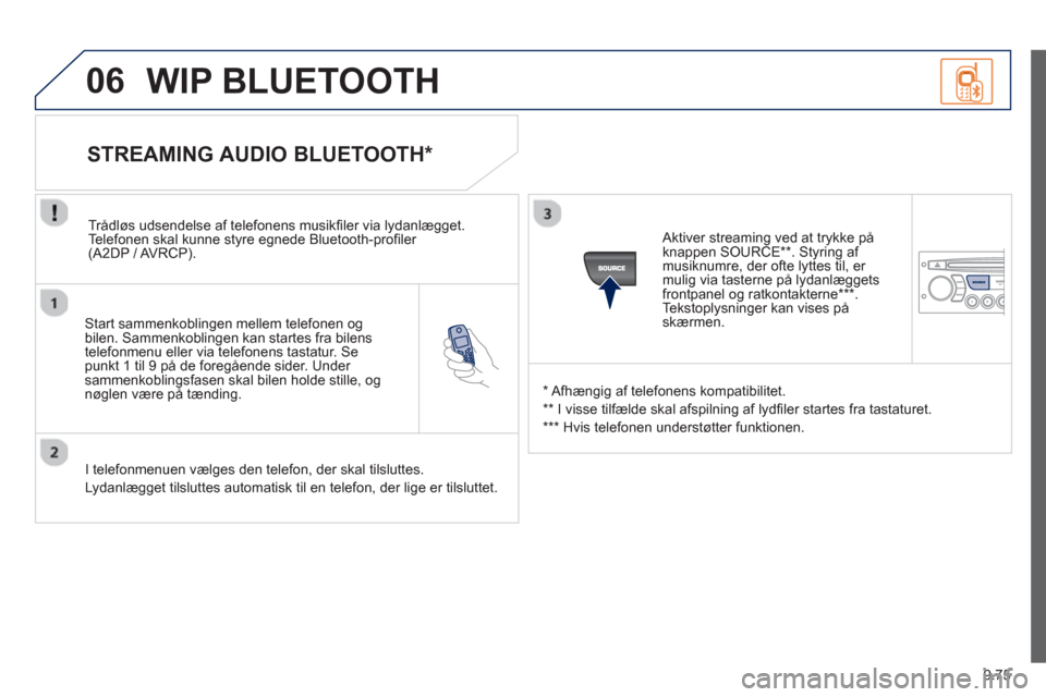 Peugeot Partner 2012  Instruktionsbog (in Danish) 9.75
06
   Start sammenkoblingen mellem telefonen og
bilen. Sammenkoblingen kan startes fra bilens
telefonmenu eller via telefonens tastatur.  Sepunkt 1 til 9 på de foregående sider. Under sammenkob