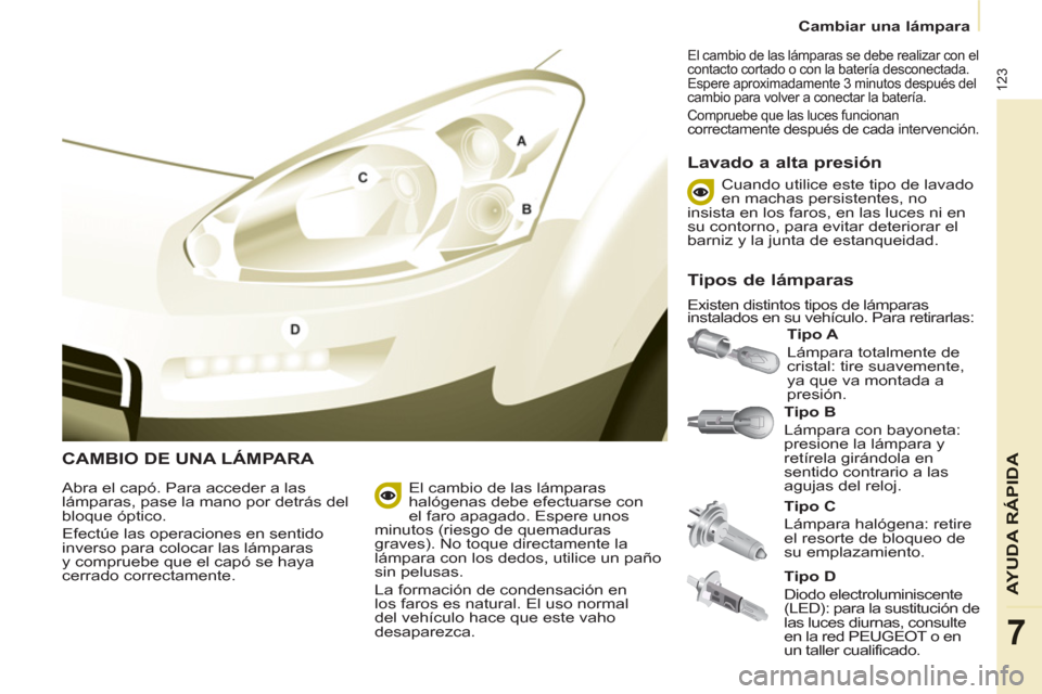 Peugeot Partner 2012  Manual del propietario (in Spanish)    
 
Cambiar una lámpara  
 
123
AYUDA RÁPID
A
7
 
CAMBIO DE UNA LÁMPARA 
 
 
Tipo B 
 
  Lámpara con bayoneta: 
presione la lámpara y 
retírela girándola en 
sentido contrario a las 
agujas d