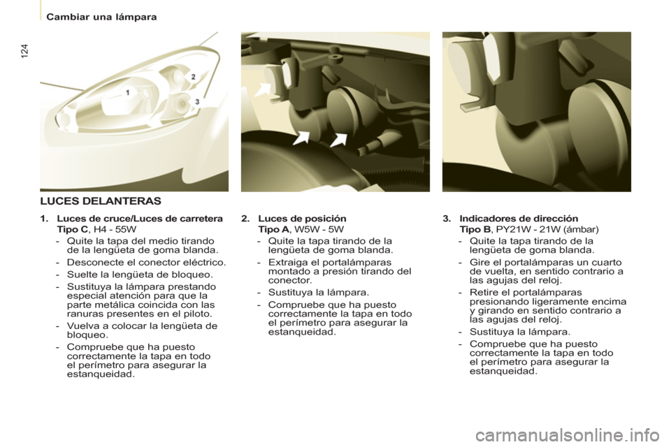 Peugeot Partner 2012  Manual del propietario (in Spanish)    
 
Cambiar una lámpara  
 
124
 
 
3. 
  Indicadores de dirección     
   Tipo B 
, PY21W - 21W (ámbar) 
 
 
 
-   Quite la tapa tirando de la 
lengüeta de goma blanda. 
   
-   Gire el portal