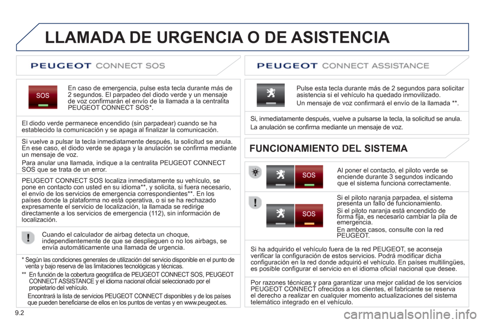 Peugeot Partner 2012  Manual del propietario (in Spanish) 9.2
   
 
 
 
 
 
 
 
 
 
LLAMADA DE URGENCIA O DE ASISTENCIA 
 
En caso de emergencia, pulse esta tecla durante más de2 segundos. El parpadeo del diodo verde y un mensajede voz confirmarán el enví