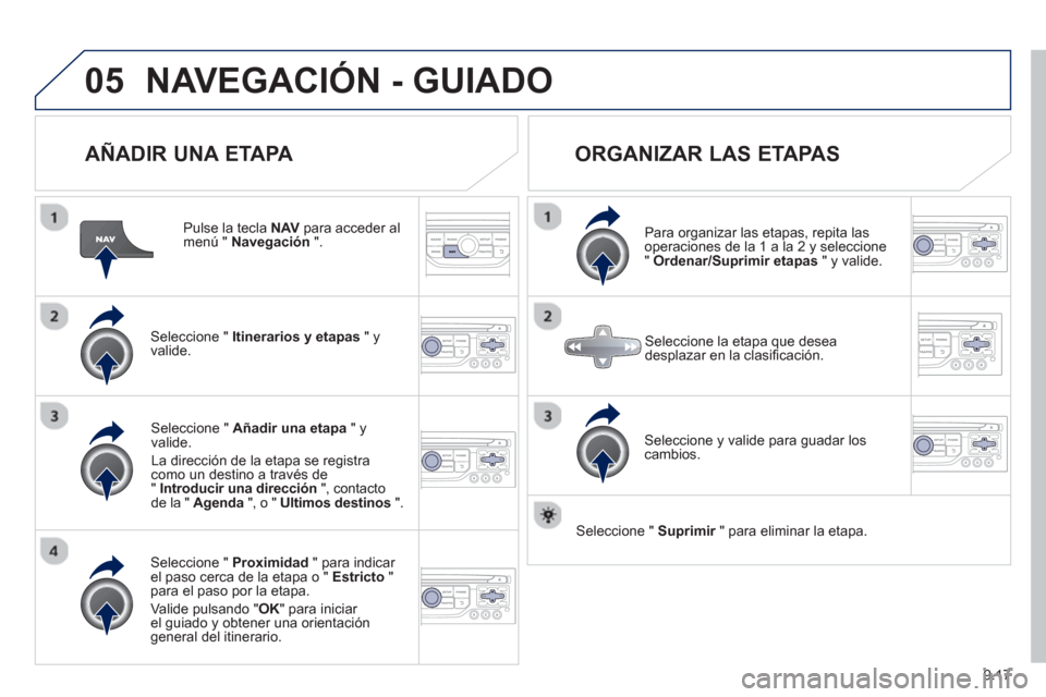 Peugeot Partner 2012  Manual del propietario (in Spanish) 9.17
05NAVEGACIÓN - GUIADO
   
AÑADIR UNA ETAPA 
 
 
Pulse la tecla NAVpara acceder al menú " Navegación".
Seleccione "  Itinerarios y etapas 
 " yvalide.
Seleccione "  Proximidad 
 " para indicar