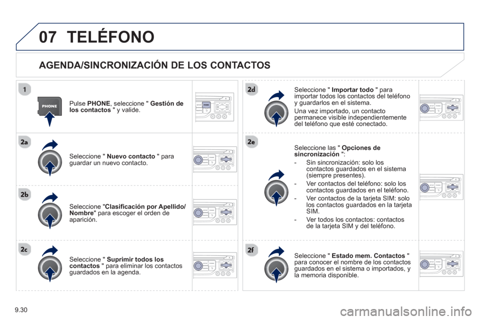 Peugeot Partner 2012  Manual del propietario (in Spanish) 9.30
07TELÉFONO
   
AGENDA/SINCRONIZACIÓN DE LOS CONTACTOS 
 
 Pulse  PHONE, seleccione " Gestión de 
los contactos 
 " y valide.
   
Seleccione " Nuevo contacto" paraguardar un nuevo contacto.  
 