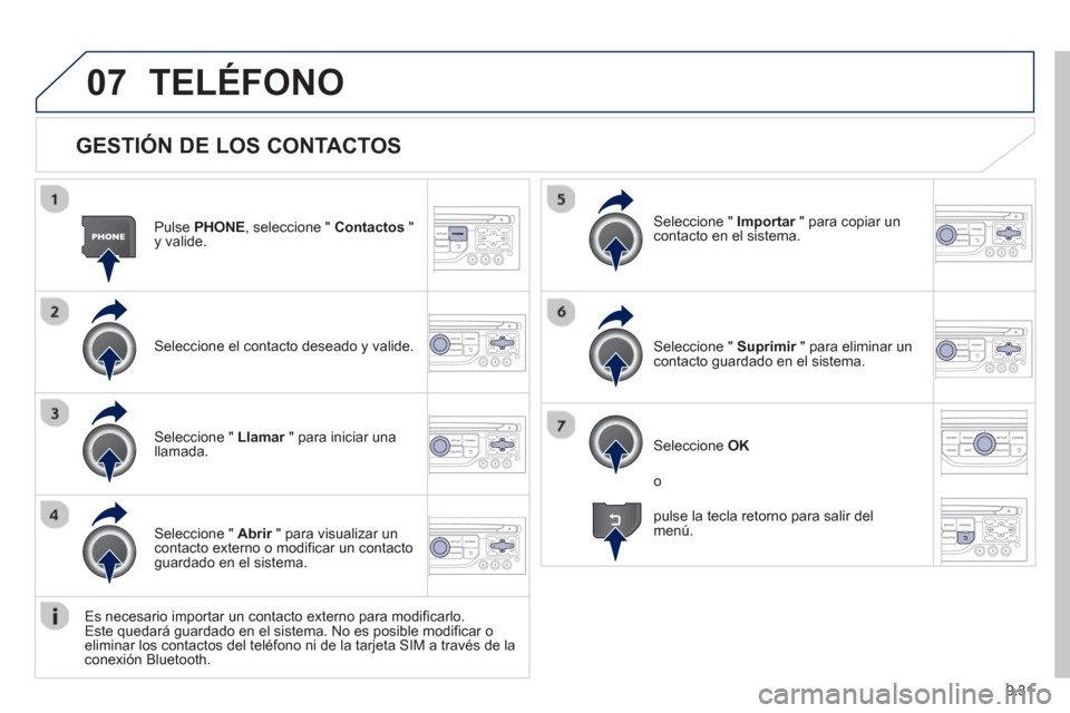 Peugeot Partner 2012  Manual del propietario (in Spanish) 9.31
07
   
GESTIÓN DE LOS CONTACTOS
Pulse PHONE 
, seleccione "  Contactos 
 " y valide.
Seleccione el contacto deseado 
y valide.
Seleccione "  Importar   " para copiar unrcontacto en el sistema.  