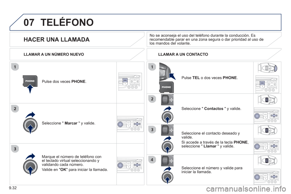 Peugeot Partner 2012  Manual del propietario (in Spanish) 9.32
07TELÉFONO
Pulse dos veces PHONE .
Seleccione "  Marcar 
 " y valide.r
Seleccione "  Contactos" y valide.
Mar
que el número de teléfono conel teclado virtual seleccionando yvalidando cada núm