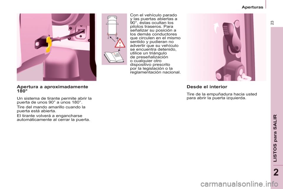 Peugeot Partner 2012  Manual del propietario (in Spanish) 23
Aperturas 
 
 
 
LISTOS para SALIR
2
 
 
Desde el interior 
 
Tire de la empuñadura hacia usted 
para abrir la puerta izquierda.  
 
 
Apertura a aproximadamente 
180° 
  Un sistema de tirante pe