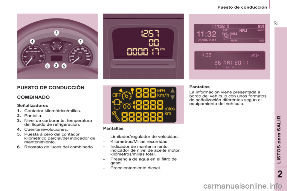 Peugeot Partner 2012  Manual del propietario (in Spanish) 2
   
 
Puesto de conducción  
 
27
LISTOS para SALIR
 
PUESTO DE CONDUCCIÓN  
  COMBINADO  
 
 
 
Señalizadores 
   
 
1. 
 Contador kilométrico/millas. 
   
2. 
 Pantalla. 
   
3. 
  Nivel de ca