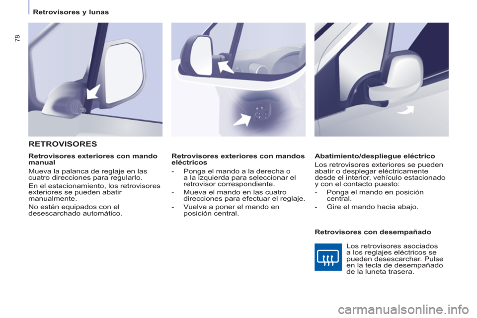 Peugeot Partner 2012 Manual del propietario (in Spanish)
Retrovisores y lunas
78
Retrovisores exteriores con mandos
eléctricos
- Ponga el mando a la derecha o
a la izquierda para seleccionar el
retrovisor correspondiente.
- Peugeot Partner 2012 Manual del propietario (in Spanish)
Retrovisores y lunas
78
Retrovisores exteriores con mandos
eléctricos
- Ponga el mando a la derecha o
a la izquierda para seleccionar el
retrovisor correspondiente.
-