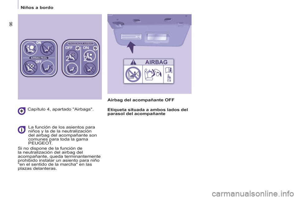 Peugeot Partner 2012  Manual del propietario (in Spanish)    
 
Niños a bordo  
 
96
 
 
Capítulo 4, apartado "Airbags".  
   
 
La función de los asientos para 
niños y la de la neutralización 
del airbag del acompañante son 
comunes para toda la gama