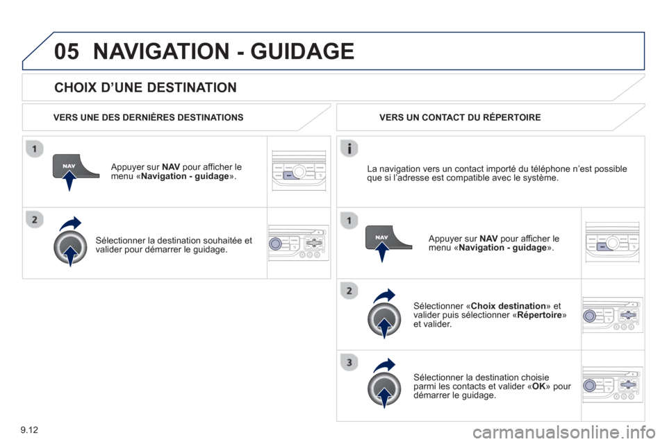 Peugeot Partner 2012 Manuel du propriétaire (in French) 9.12
05
CHOIX D’UNE DESTINATION
NAVIGATION - GUIDAGE
VERS UNE DES DERNIÈRES DESTINATIONS
Appuyer sur NAVpour afficher le menu «Navigation - guidage».
Sélectionner la destinati Peugeot Partner 2012 Manuel du propriétaire (in French) 9.12
05
CHOIX D’UNE DESTINATION
NAVIGATION - GUIDAGE
VERS UNE DES DERNIÈRES DESTINATIONS
Appuyer sur NAVpour afficher le menu «Navigation - guidage».
Sélectionner la destinati